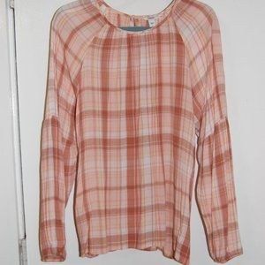 Sonoma, woven, peach colored, plaid, smock top